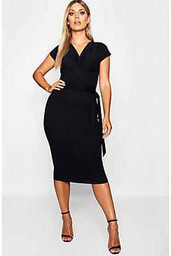 Boohoo Plus Wrap Over Tie Front Midi Dress