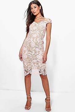 Boohoo Boutique Marcie Lace Off Shoulder Midi Dress