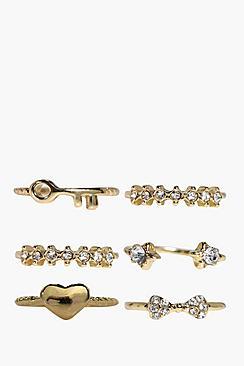 Boohoo Faith Diamante Mixed Size Ring 6 Pack