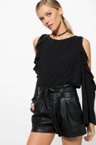 Boohoo Olivia Oversized Ruffle Woven Cold Shoulder Top Black