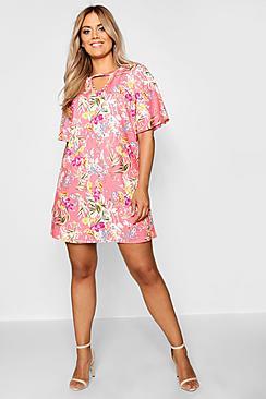 Boohoo Plus Lottie Printed Floral Choker Detail Shift Dress