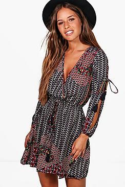 Boohoo Petite Rebecca Wrap Front Printed Skater Dress