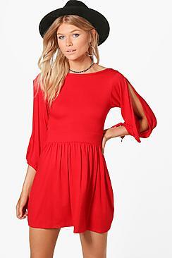 Boohoo Petite Katie Tie Sleeve Scoop Back Skater Dress