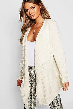 Boohoo Cable Knit Fringe Cardigan