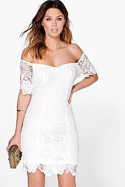 Boohoo Boutique Daisy Floral Crochet Off Shoulder Dress