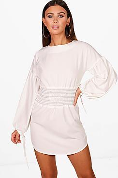 Boohoo Petite Shirred Waist Woven Skater Dress