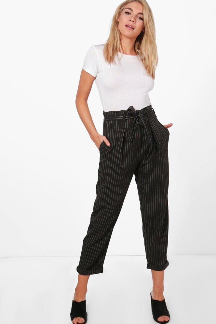 Boohoo Penelope Pinstripe Tie Waist Trouser Black