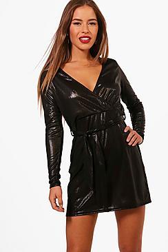 Boohoo Petite Tanya Metallic Wrap Front Skater Dress