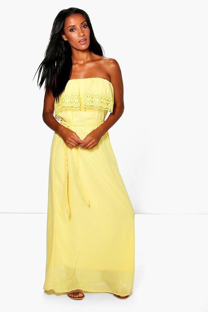 Boohoo Emi Lace Trim Chiffon Off Shoulder Maxi Dress Yellow