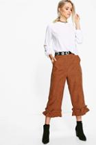 Boohoo Sofie Ruffle Hem Cord Cropped Trousers Tan