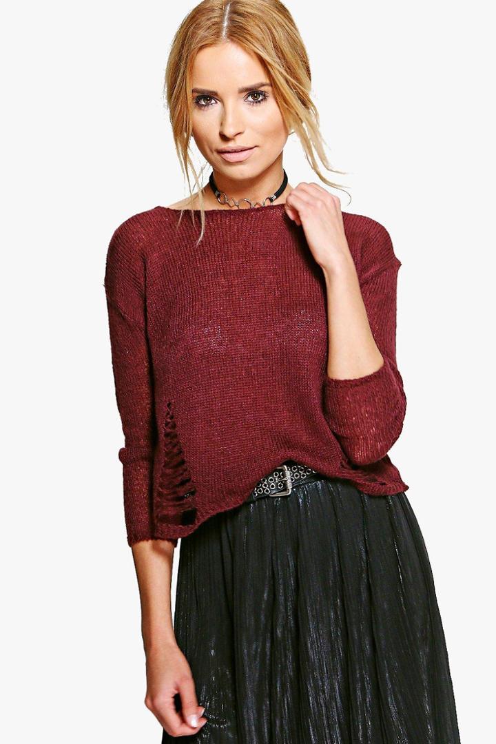 Boohoo Julia Fine Knit Distressed Detail Jumper Burgundy