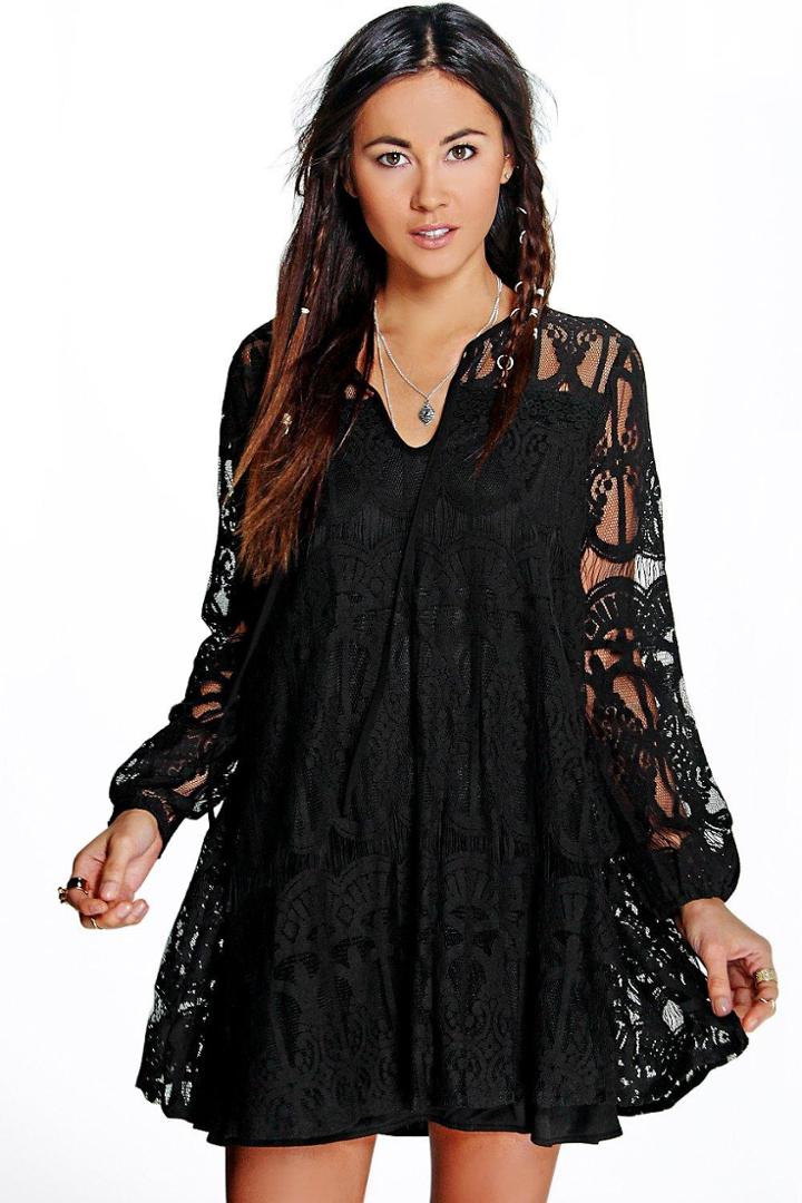 Boohoo Tara Tie Front Lace Swing Dress Black