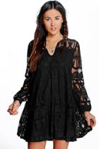 Boohoo Tara Tie Front Lace Swing Dress Black