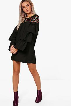 Boohoo Boutique Embroidered Frill Sleeve Shift Dress