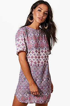 Boohoo Tara Tile Print Cap Sleeved Shift Dress