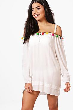 Boohoo Harriet Pom Pom Cold Shoulder Beach Dress