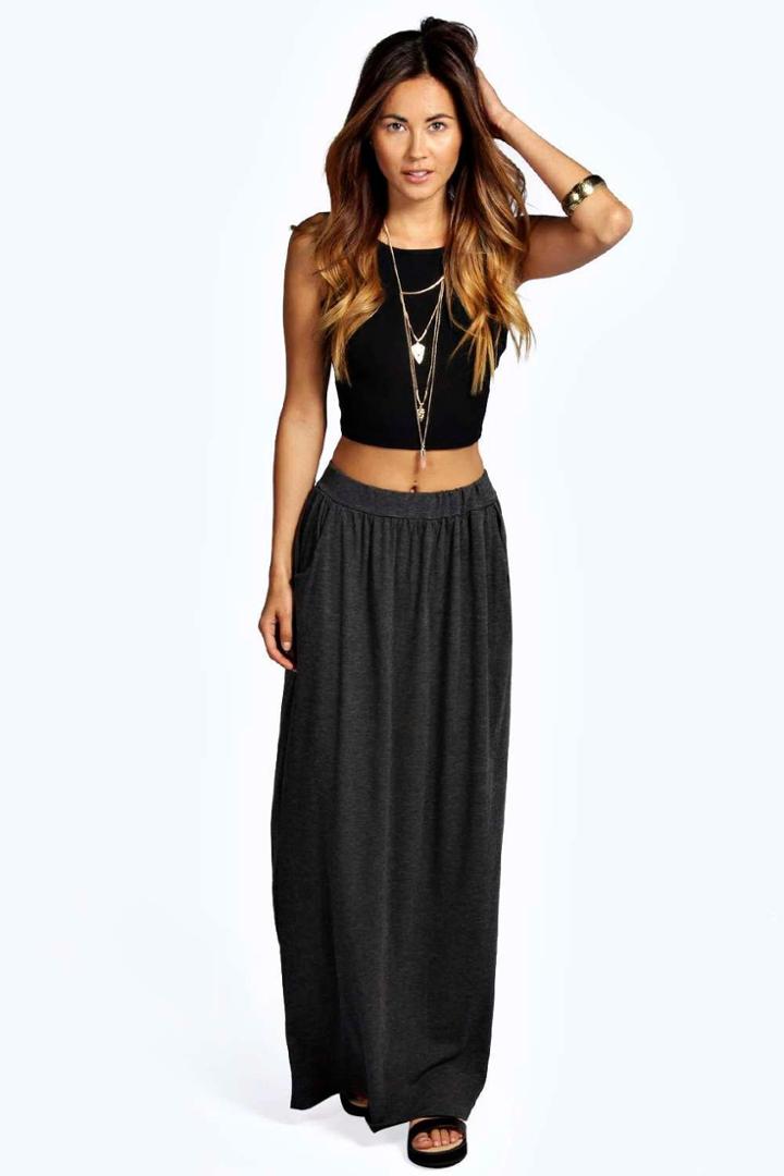 Boohoo Lizbeth Pocket Front Jersey Maxi Skirt Charcoal