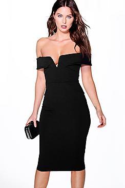 Boohoo Lara Off The Shoulder Seam Detail Midi Dress