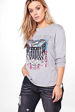 Boohoo Plus Fiona Band Printed Long Sleeve Tee