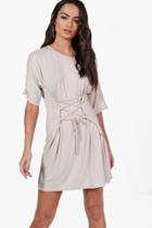 Boohoo Keira Lace Up Corset T-shirt Dress Sand