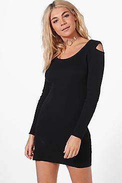 Boohoo Tanya Cold Shoulder Rib Knit Jumper Dress
