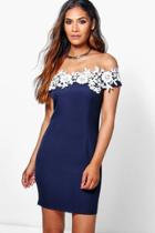 Boohoo Daisy Lace Off Shoulder Detail Bodycon Dress Navy