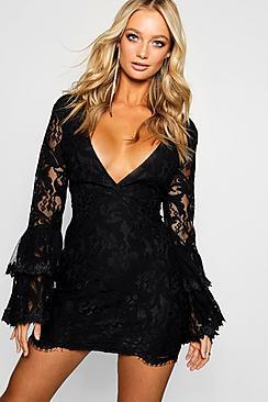 Boohoo Lace Flared Sleeve Bodycon Dress