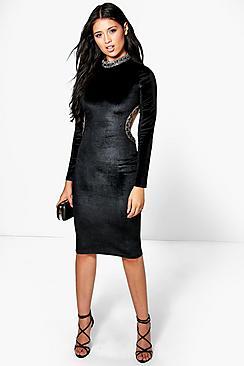 Boohoo Ma Embellished Collar & Cut Out Detail Midi Dres