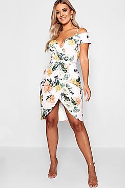 Boohoo Plus Floral Cold Shoulder Wrap Midi Dress