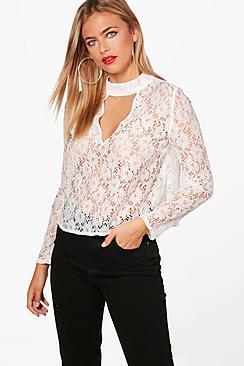 Boohoo Aria Lace Choker Flare Sleeve Blouse