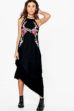 Boohoo Petite Abi Embroidered Halter Neck Maxi Dress