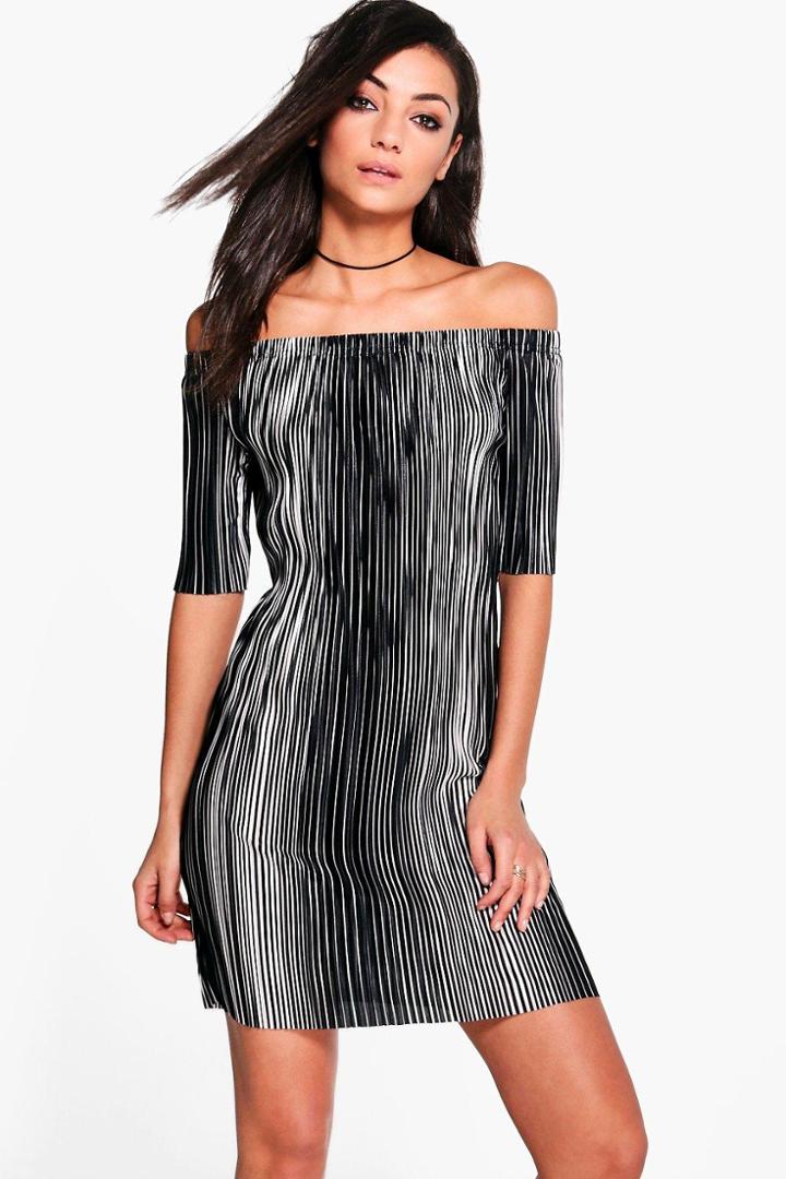 Boohoo Tall Keyla Mixed Stripe Off The Shoulder Dress Multi