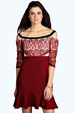 Boohoo Kellis Eyelash Lace Off The Shoulder Dress