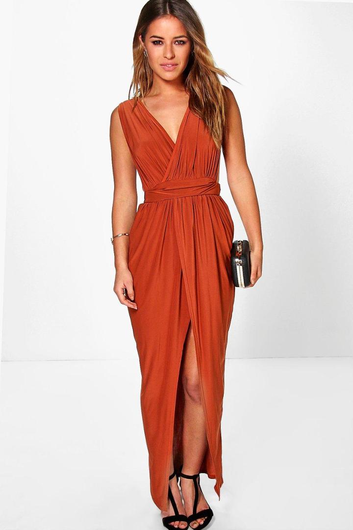 Boohoo Petite Sarah Plunge Drape Maxi Dress Copper