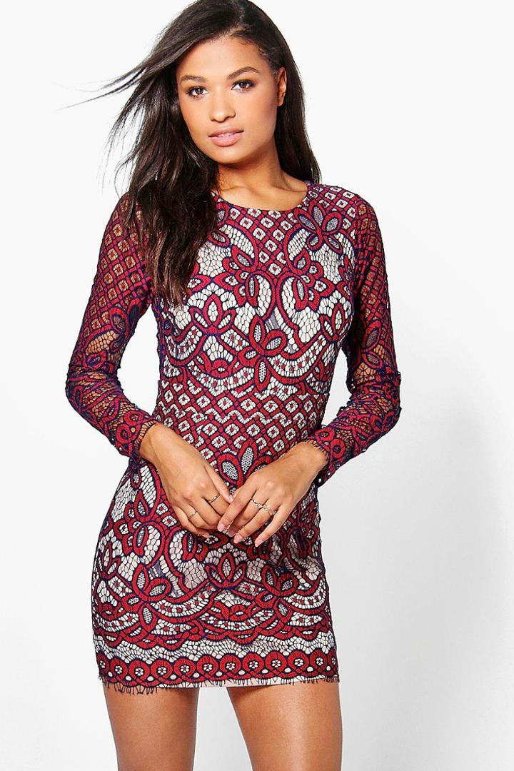 Boohoo Boutique Bria Lace Open Back Bodycon Dress Red