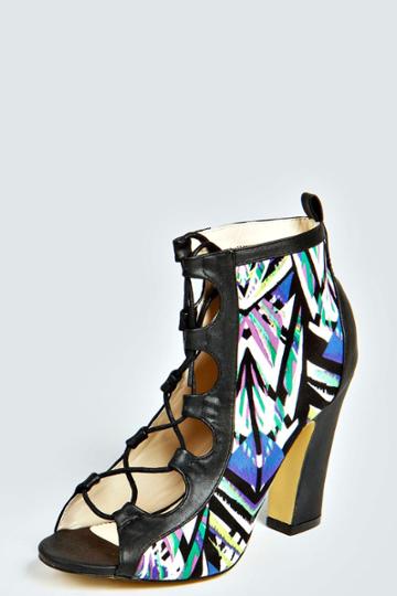 Boohoo Flora Printed Peep Toe Lace Up Boots - Black