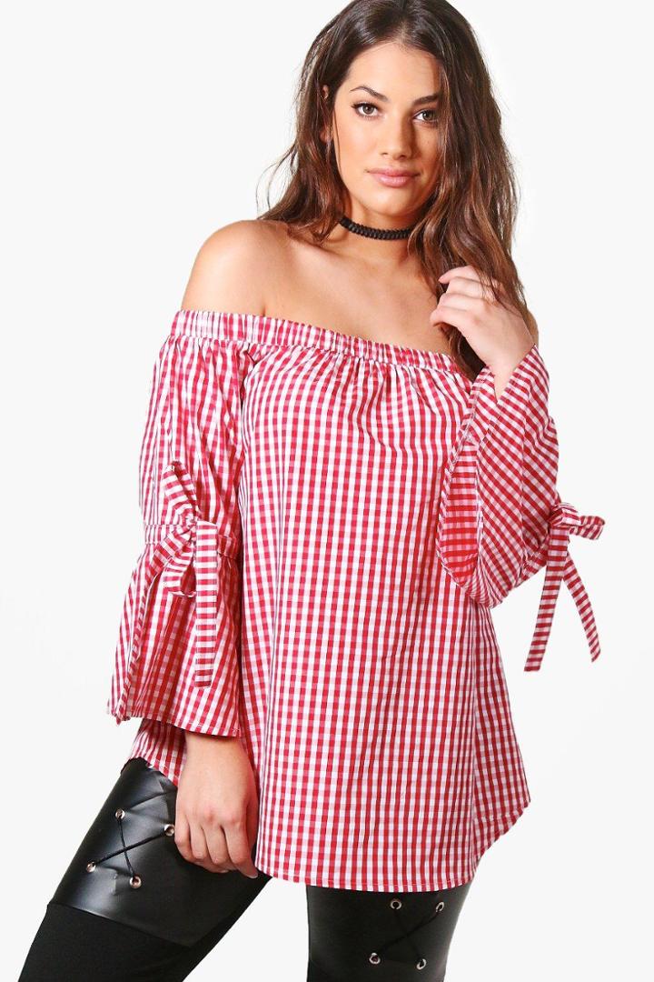 Boohoo Plus Fiona Off The Shoulder Gingham Tie Sleeve Top Red