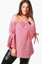 Boohoo Plus Fiona Off The Shoulder Gingham Tie Sleeve Top Red