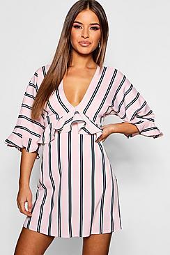Boohoo Petite Stripe Plunge Ruffle Skater Dress