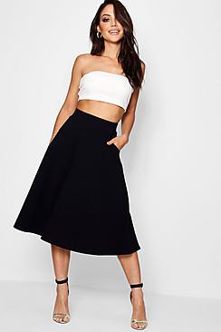 Boohoo Lola Pocket Front Crepe Skater Midi Skirt