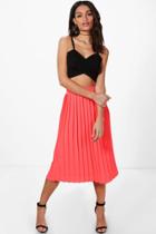Boohoo Neave Textured Crepe Pleated Midi Skirt Neon-coral