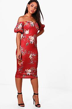 Boohoo Lizzie Floral Print Off The Shoulder Midi Dress