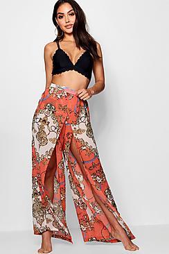 Boohoo Betsy Scarf Print Split Leg Beach Trouser
