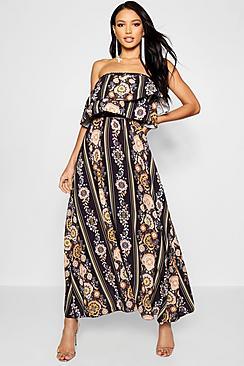 Boohoo Bohemian Print Ruffle Bandeau Maxi Dress