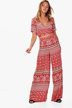 Boohoo Rosie Woven Boarder Crop And Culotte Co-ord
