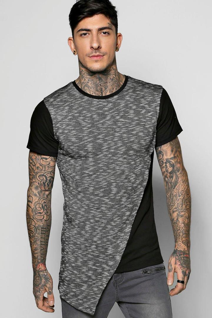 Boohoo Longline Asymetric Space Panel T Shirt Black