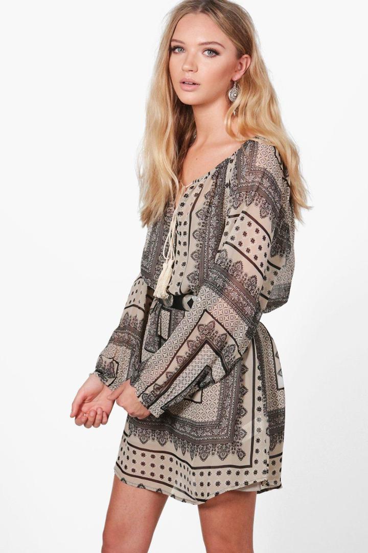 Boohoo Ivy Long Sleeve All Over Printed Shift Dress Multi