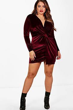 Boohoo Plus Cassie Velvet Plunge Knot Bodycon Dress