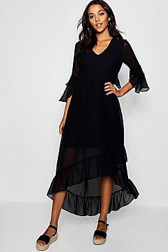 Boohoo Leah Ruffle Asymmetric Midi Tea Dress