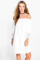 Boohoo Eleanor Off Shoulder Crochet Sleeve Dress White